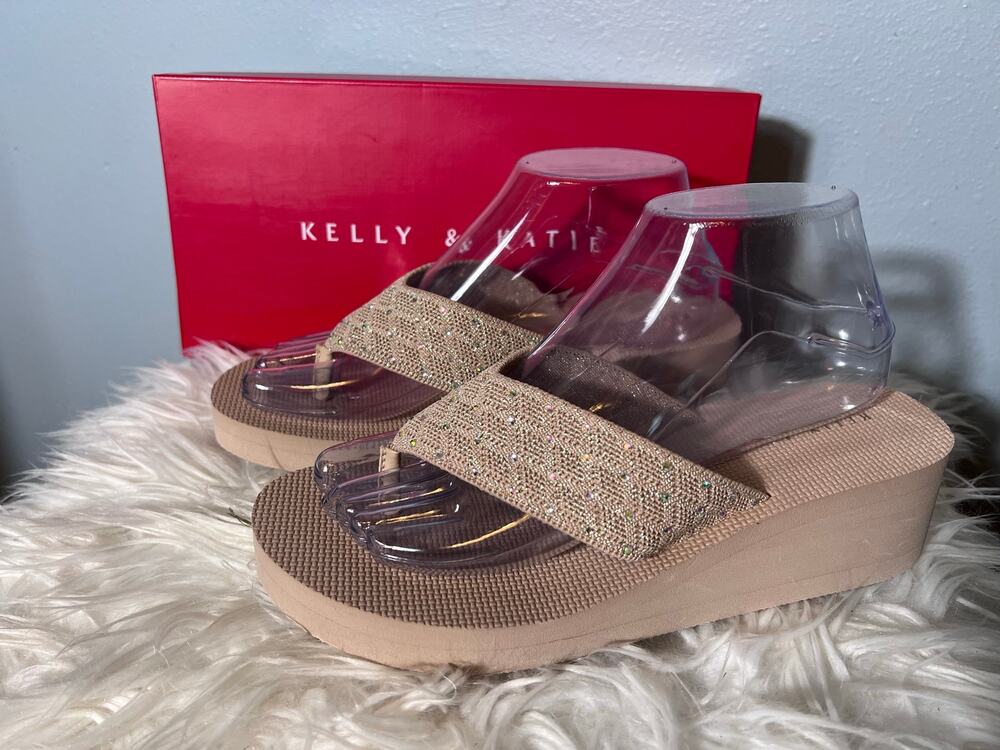 Kelly & Katie Diamond Knit Wedge Sandals Shimmery Comfort Wedding Sz 8 Thong New